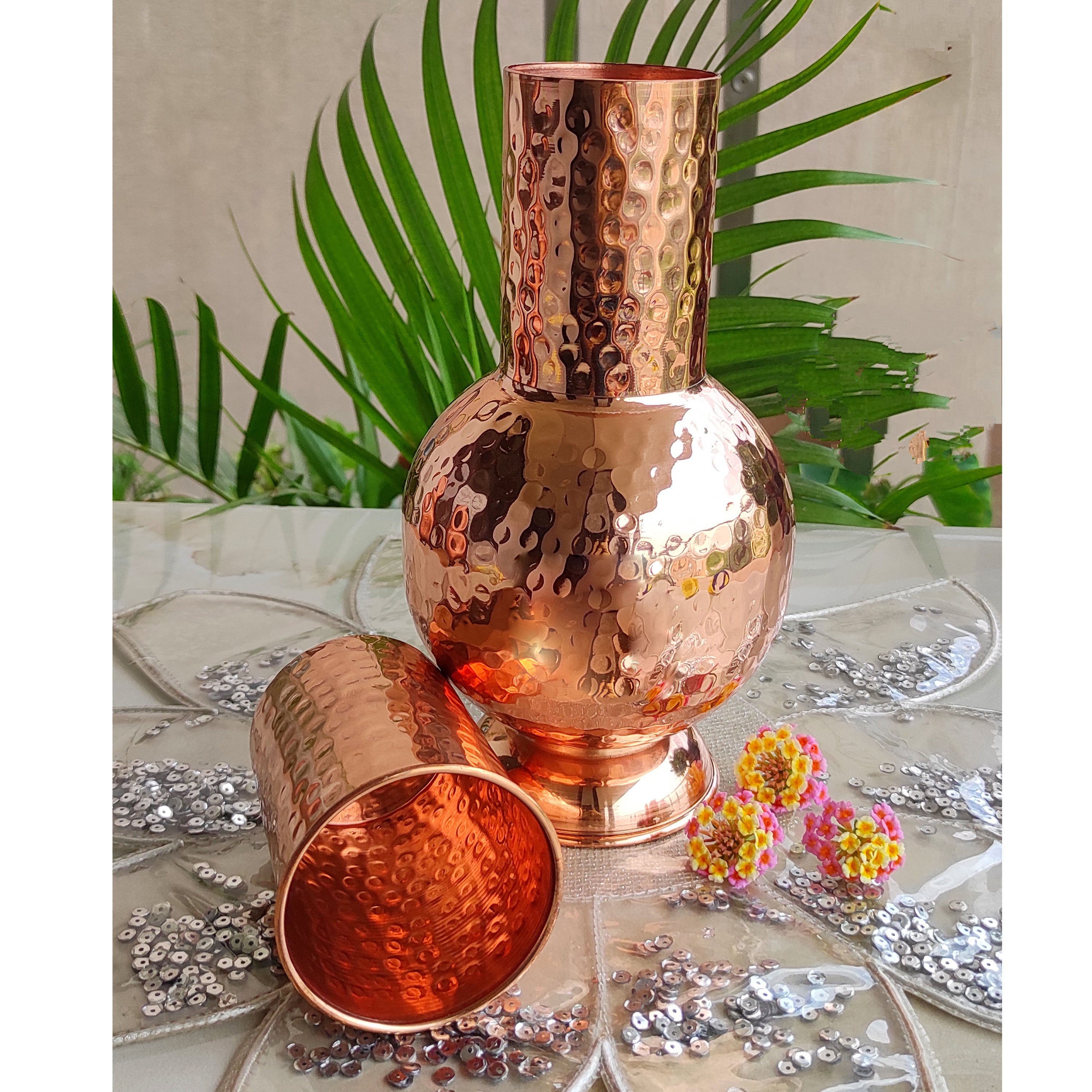 Pure copper surai design bedroom water bottle with glass - 1100 ML